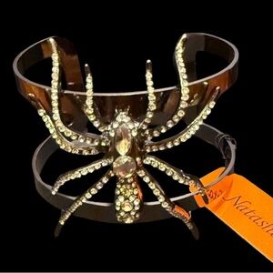 NATASHA Halloween Crystal-Studded Silver-Tone Spider Open Cuff Bracelet NEW NWT